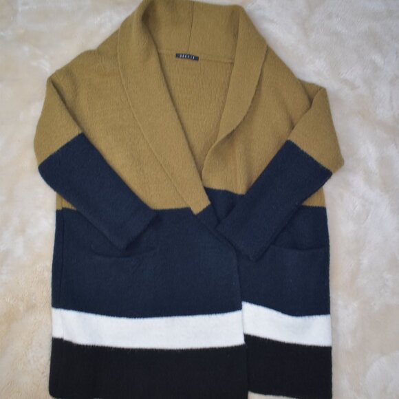 Decker Oversized Sweater Jacket Size S/M Camel Brown Navy Blue Open Front Comfy - Picture 5 of 13